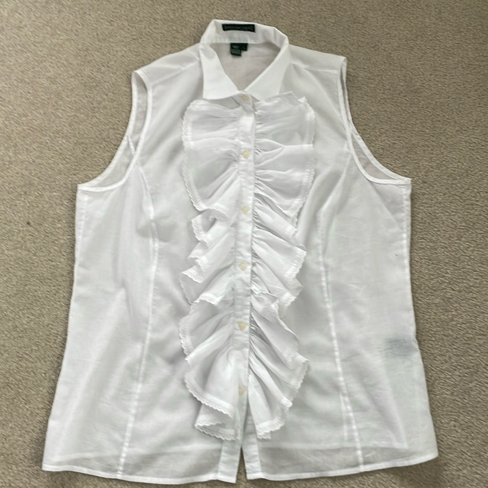 Womens Ralph Lauren white ruffle top. Size L